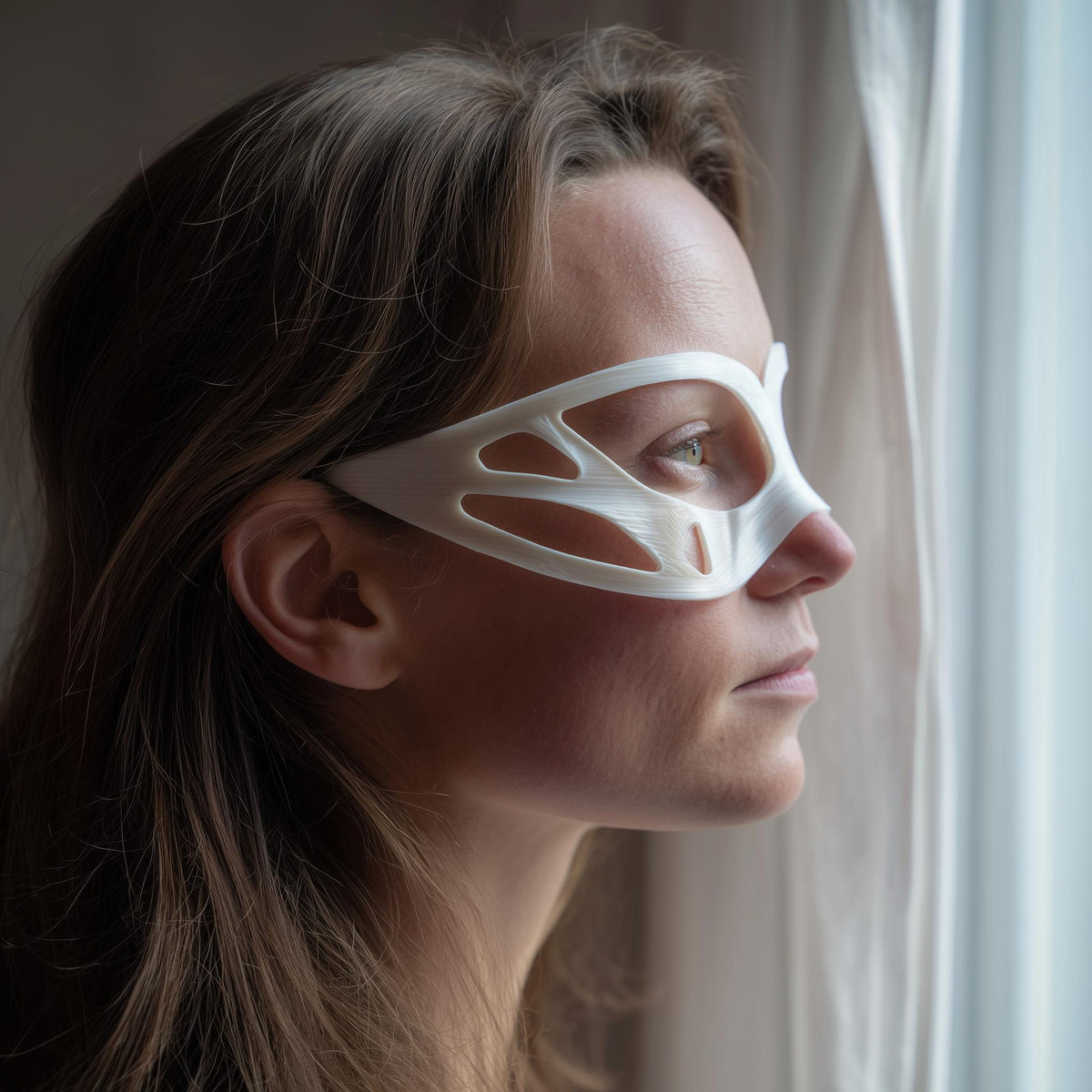 3D printed minimal contour eye mask with flowing side panels and open cutouts