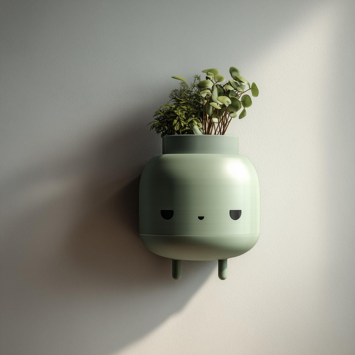 3D printed character wall planter with rounded face and integrated plant cavity