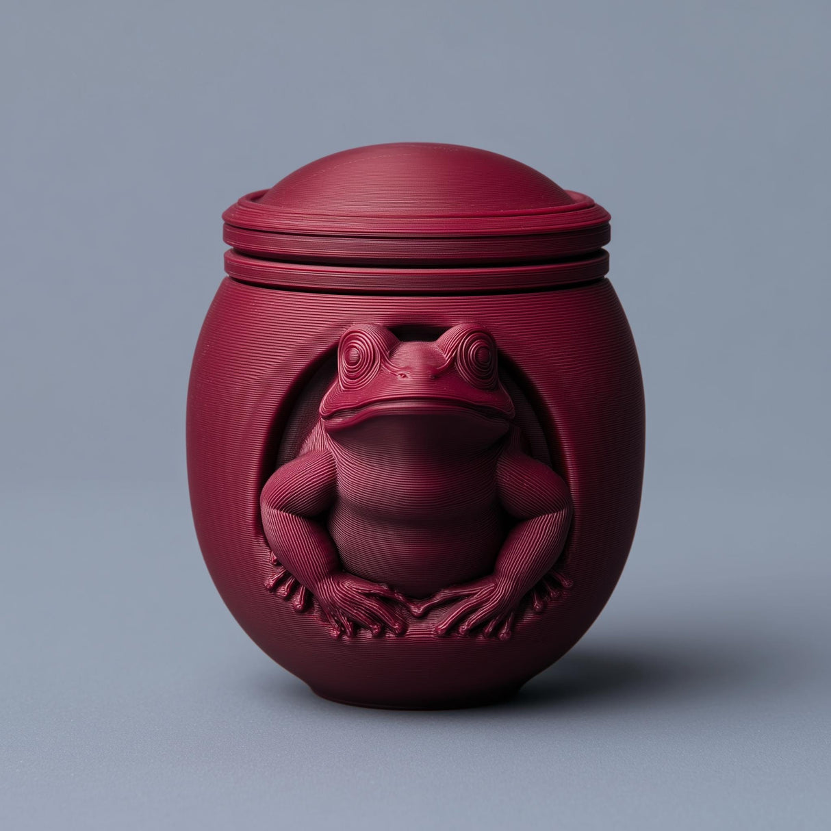 3D printed frog memorial urn with rounded vessel, raised frog figure and fitted lid