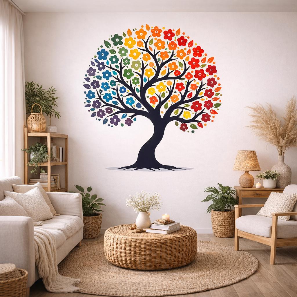 Rainbow Tree of Life Wall Vinyl Decal | Colorful Flower Tree Sticker | Boho Nursery Bedroom Living Room Wall Art Decor