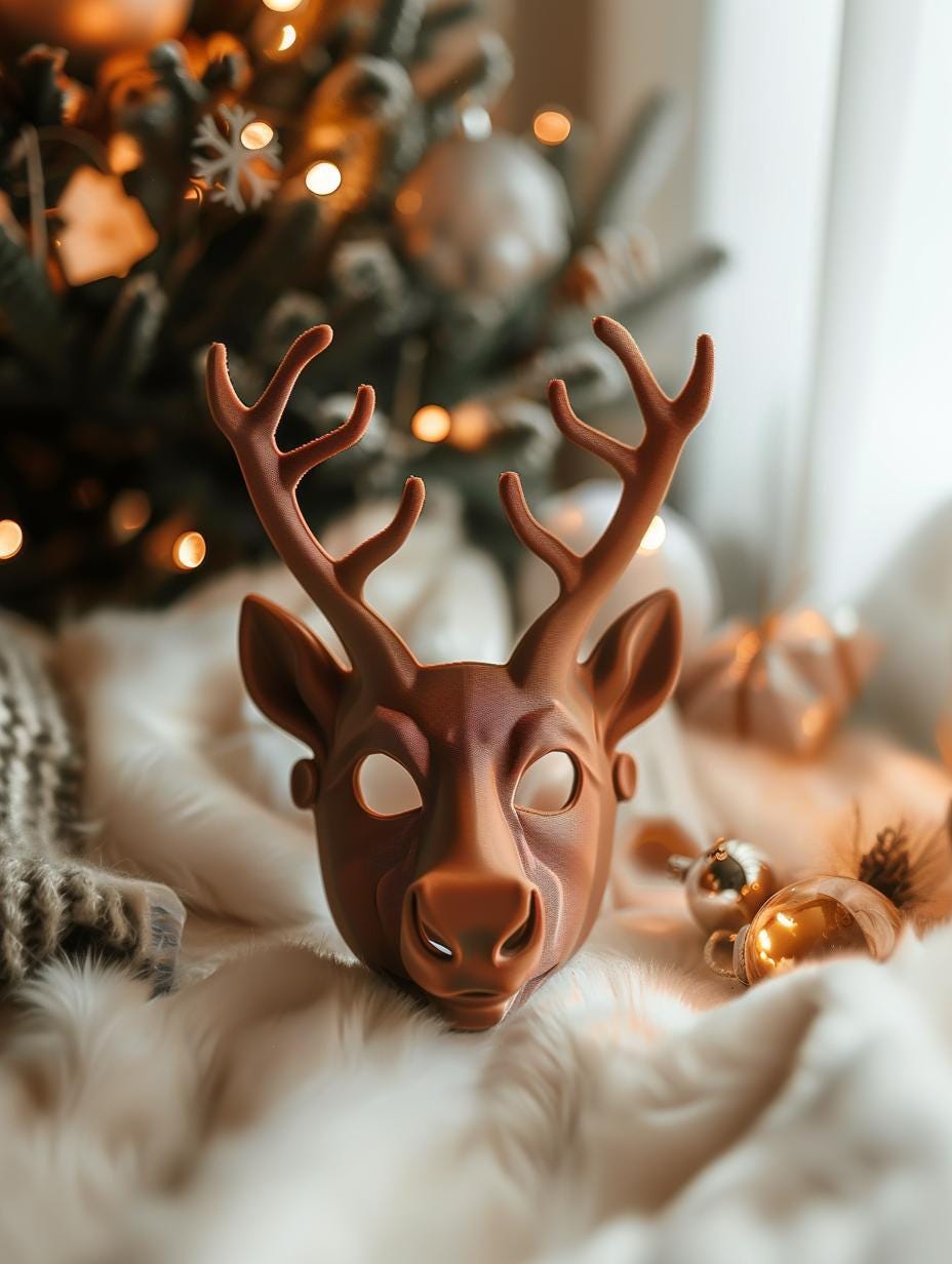 Product gallery view of 3D Printed Antlered Reindeer Costume Mask.