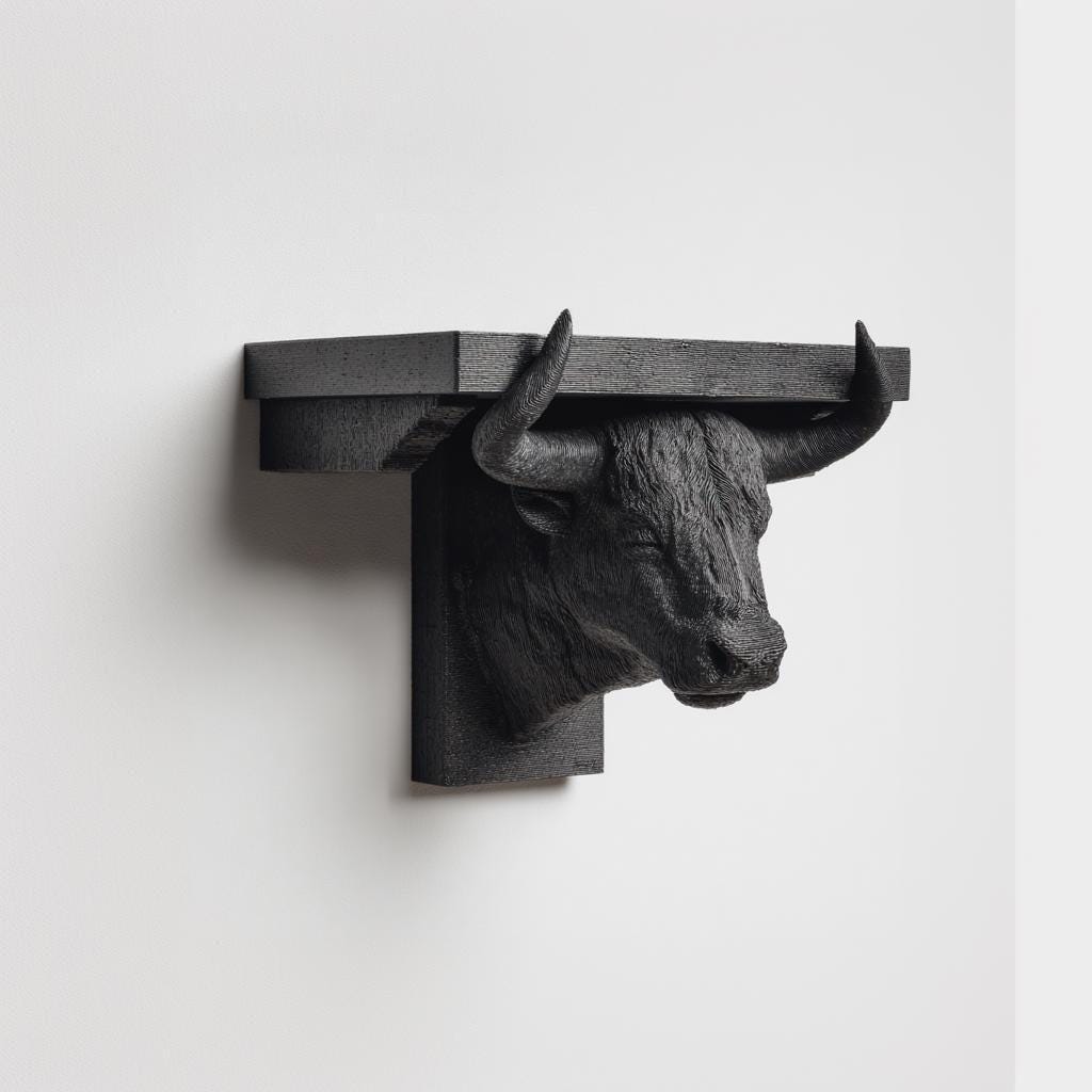 Alternate product view of 3D Printed Taurus Bull Head Wall Shelf.