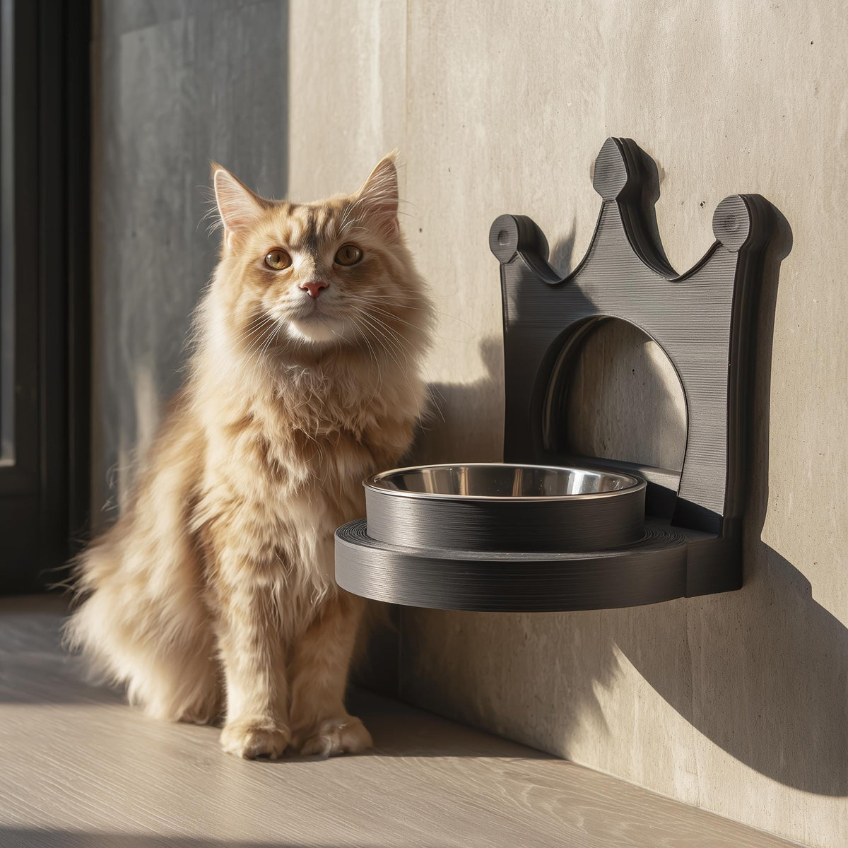 3D printed crown-shaped wall mounted pet bowl holder with a circular bowl opening.