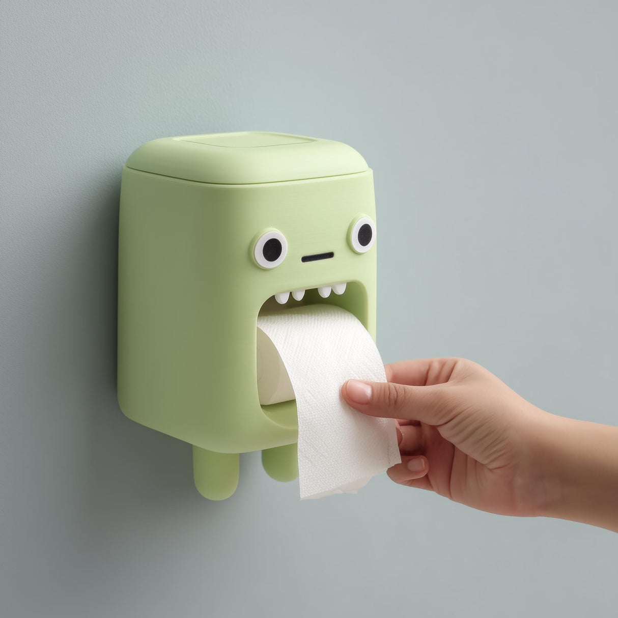 3D printed kawaii monster wall toilet paper holder with round eyes and small teeth