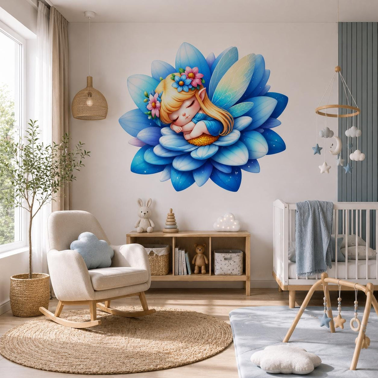 Sleeping Fairy Wall Vinyl Decal | Cute Blue Flower Fairy Sticker | Nursery Bedroom Wall Art | Whimsical Baby Girl Room Decor