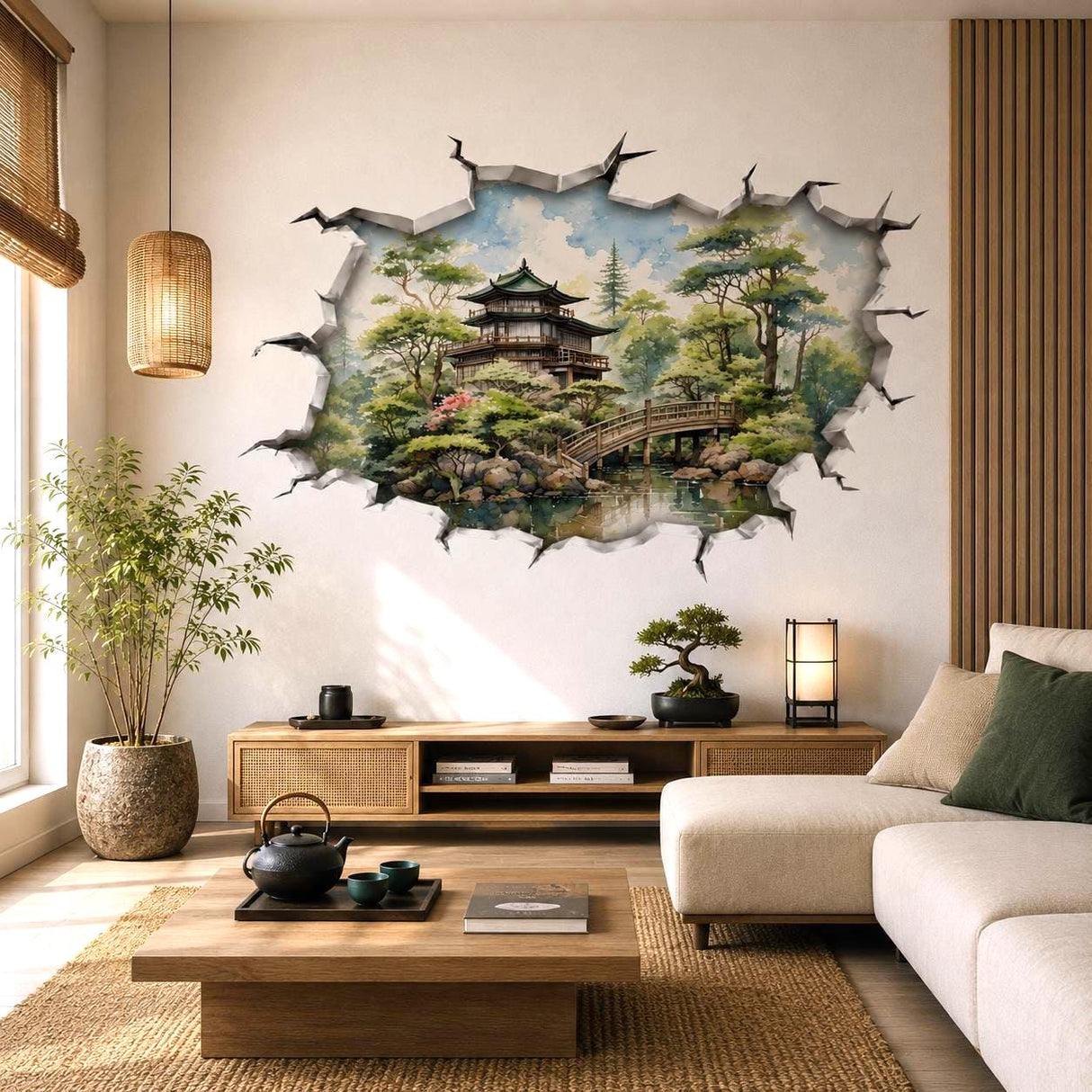 Alternate product presentation of 3D Japanese Garden Wall Vinyl Decal.