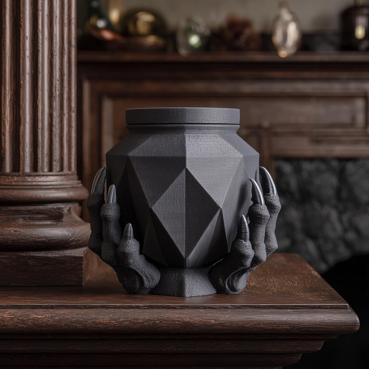 3D printed dark fantasy memorial urn with faceted geometric body and sculptural claw base displayed on a dark wooden mantel.