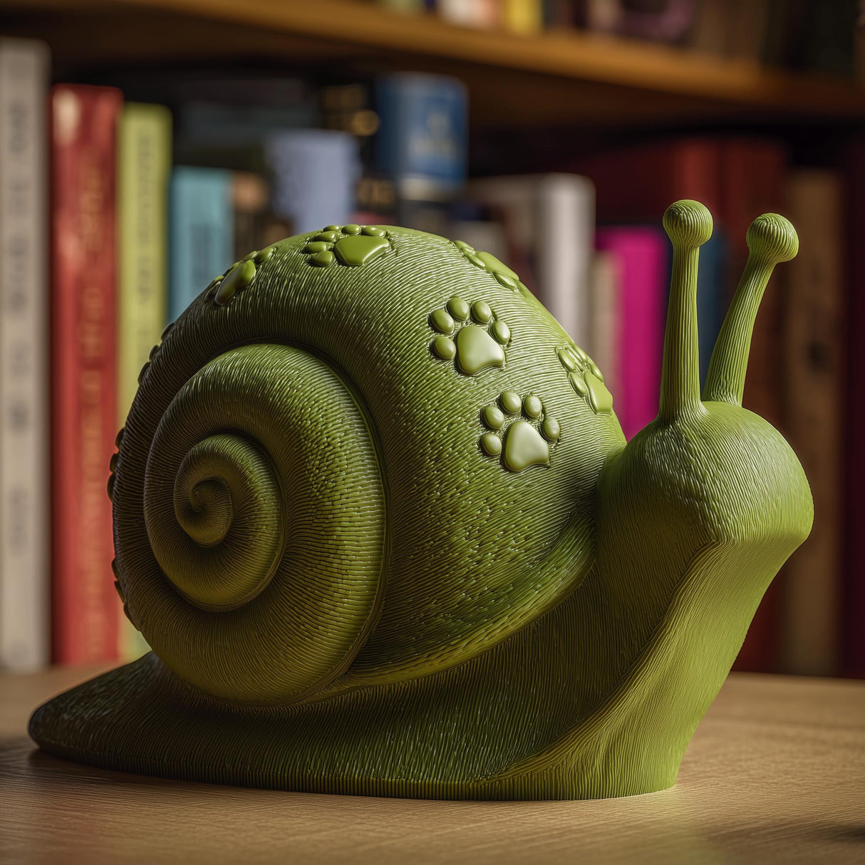 3D printed green snail sculpture with spiral shell and paw print details displayed on a bookshelf in warm cozy lighting.
