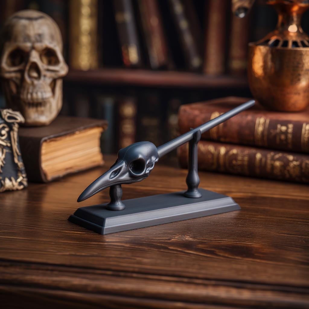 Product gallery view of 3D Printed Raven Skull Magic Wand with Stand.