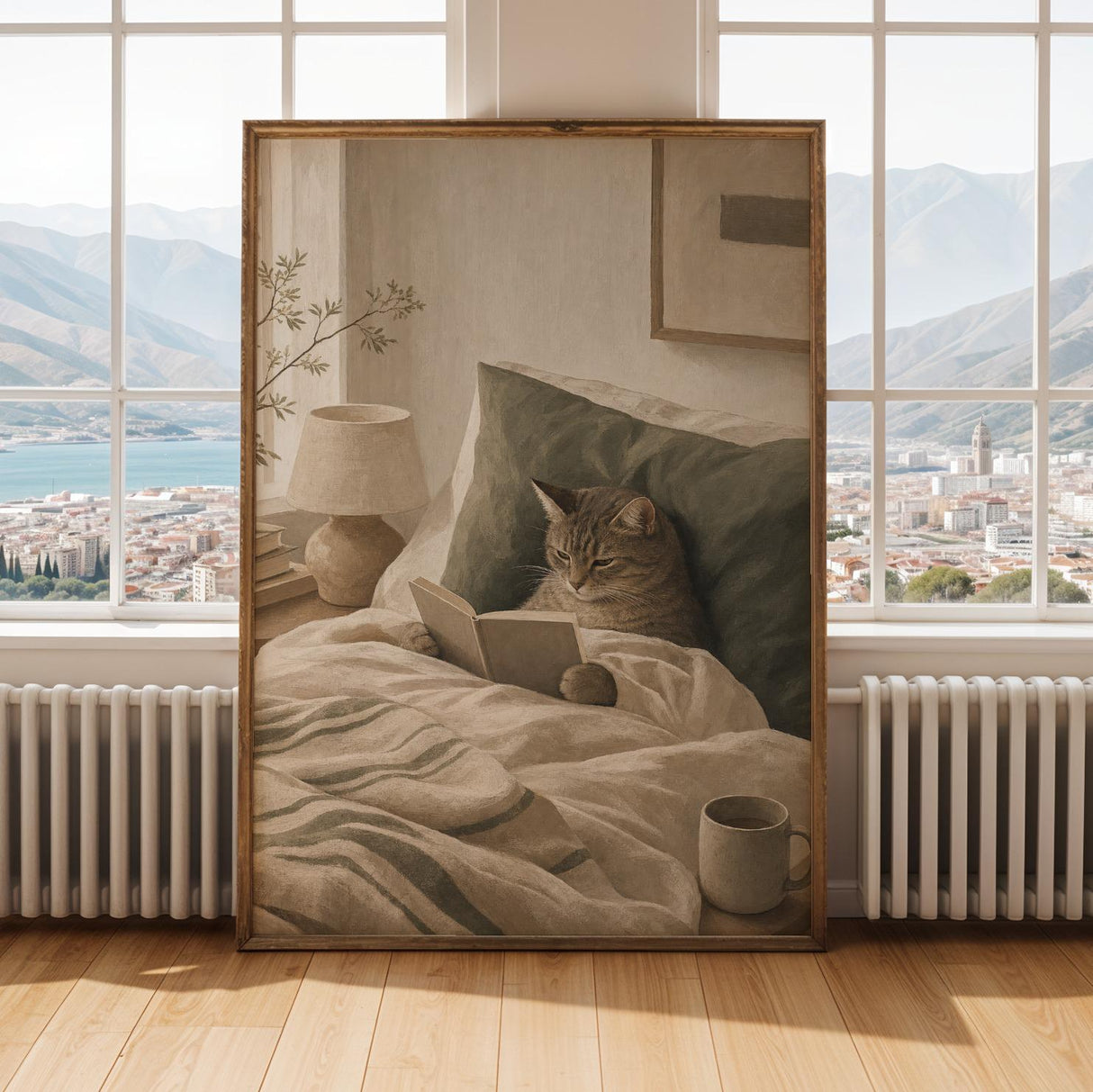 Alternate gallery view of Scandinavian Cat Reading in Bed Poster.