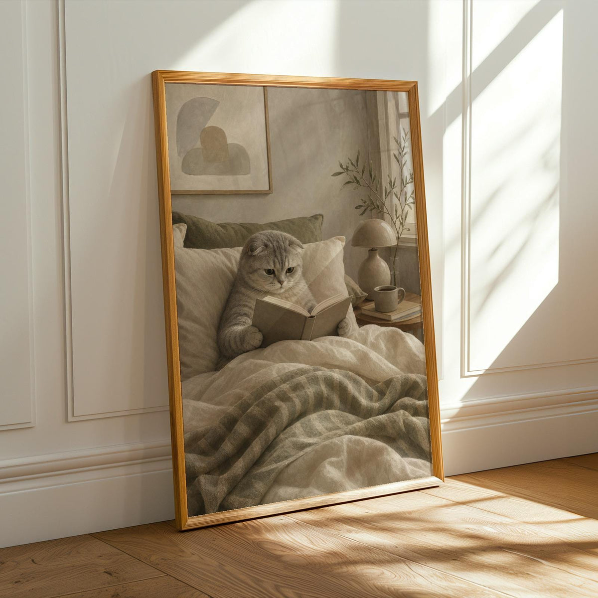 Alternate product presentation of Scottish Fold Cat Reading in Bed Poster.
