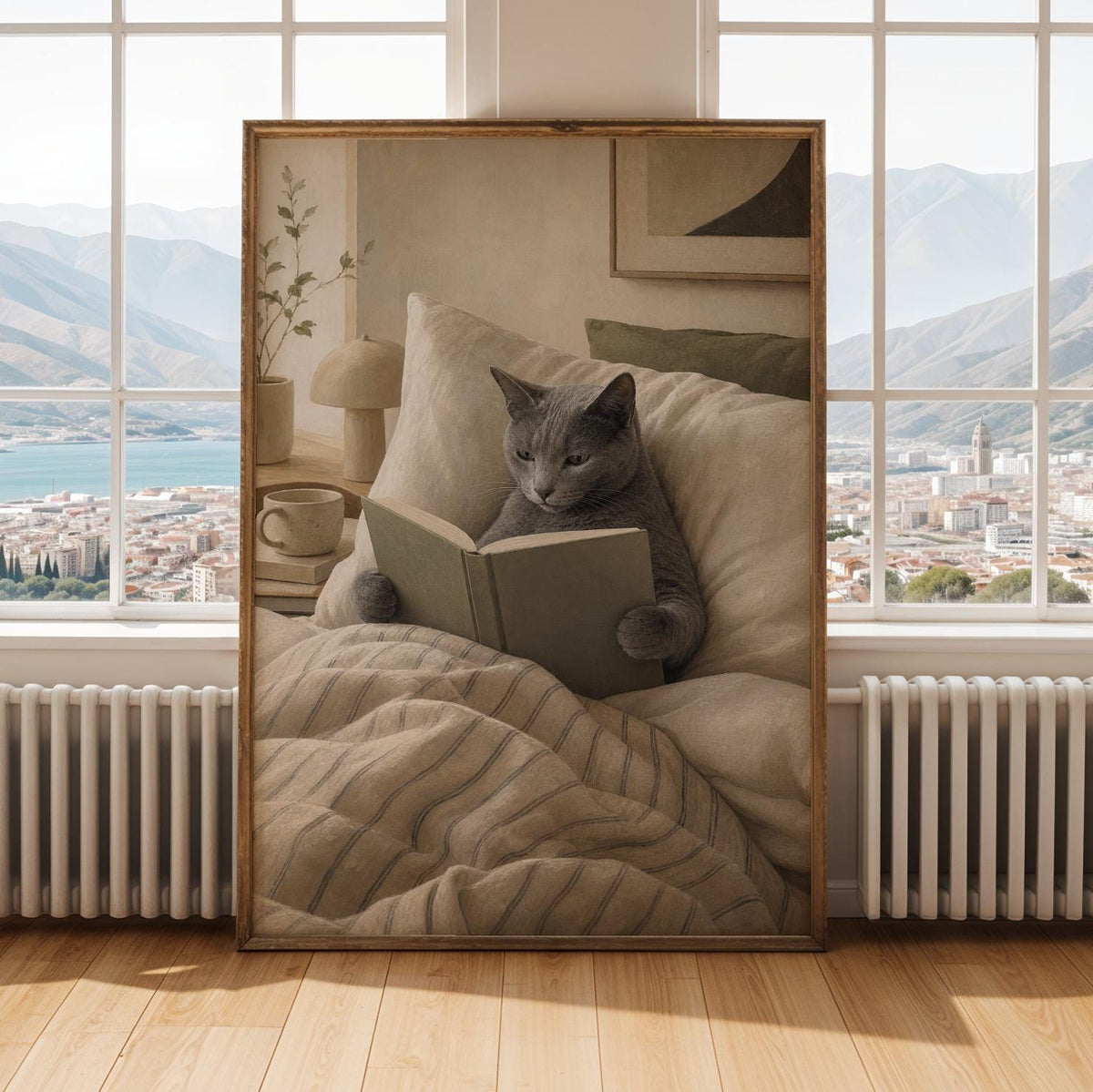 Alternate gallery view of Russian Blue Cat Reading in Bed Poster.