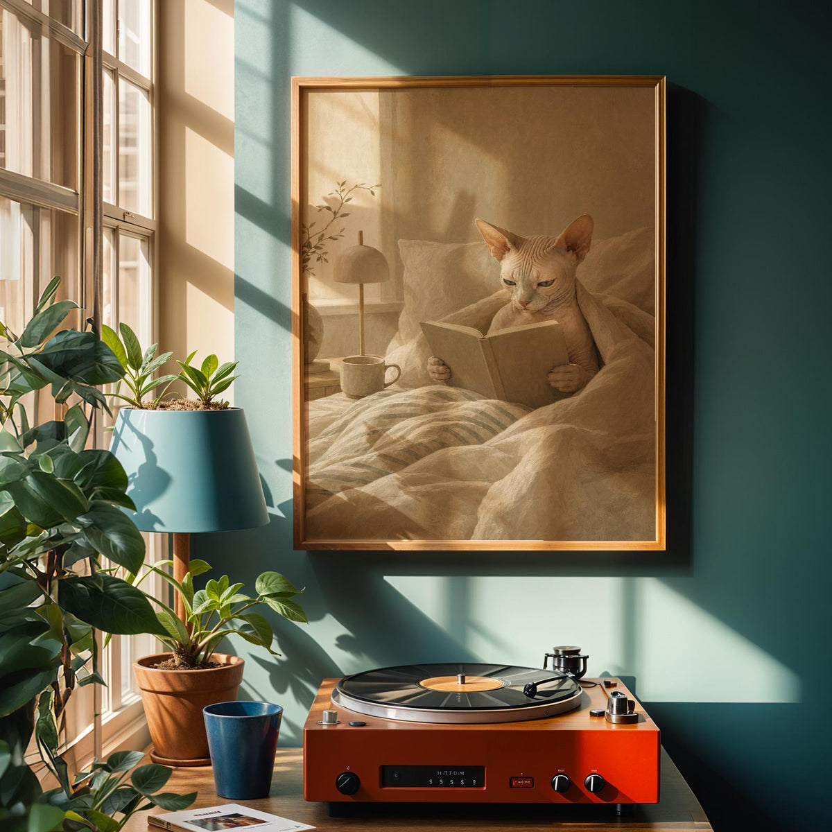 Product view of Sphynx Cat Reading in Bed Poster.