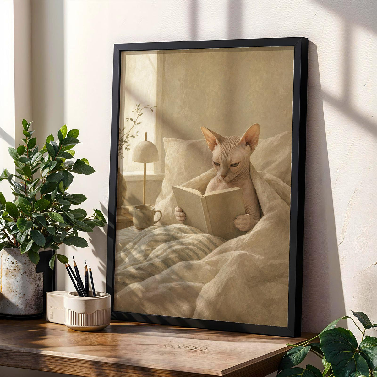 Additional product view of Sphynx Cat Reading in Bed Poster.