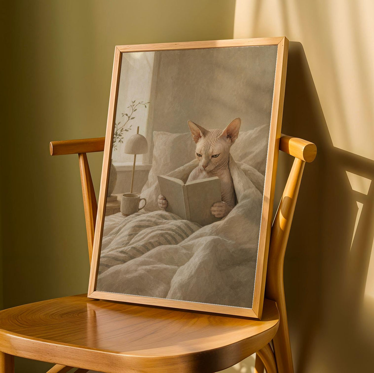 Alternate gallery view of Sphynx Cat Reading in Bed Poster.