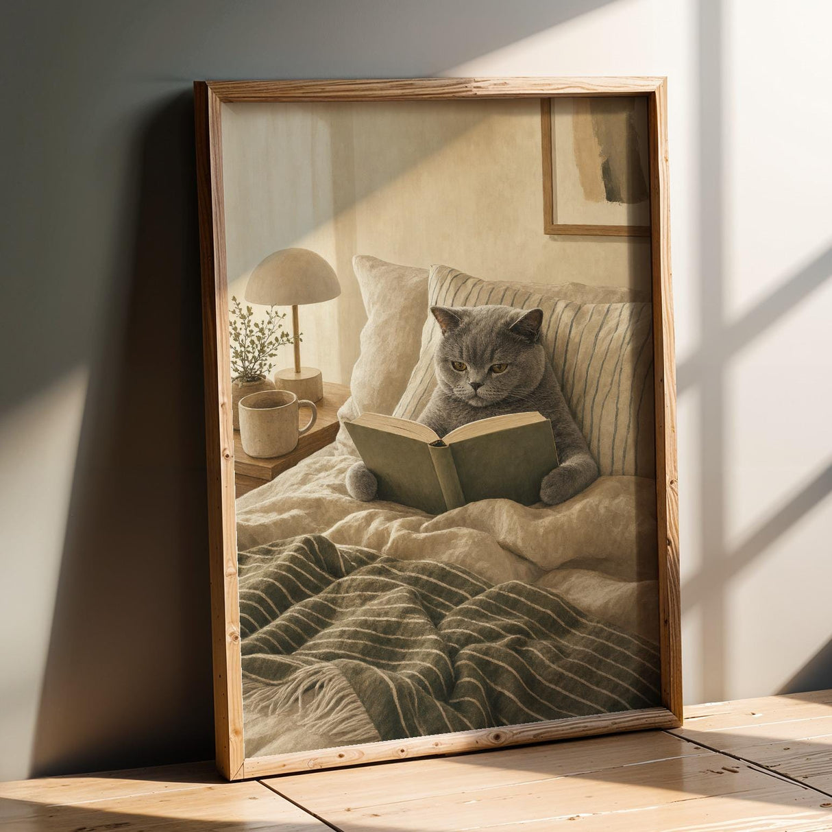 Product presentation view of British Shorthair Cat Reading in Bed Poster.