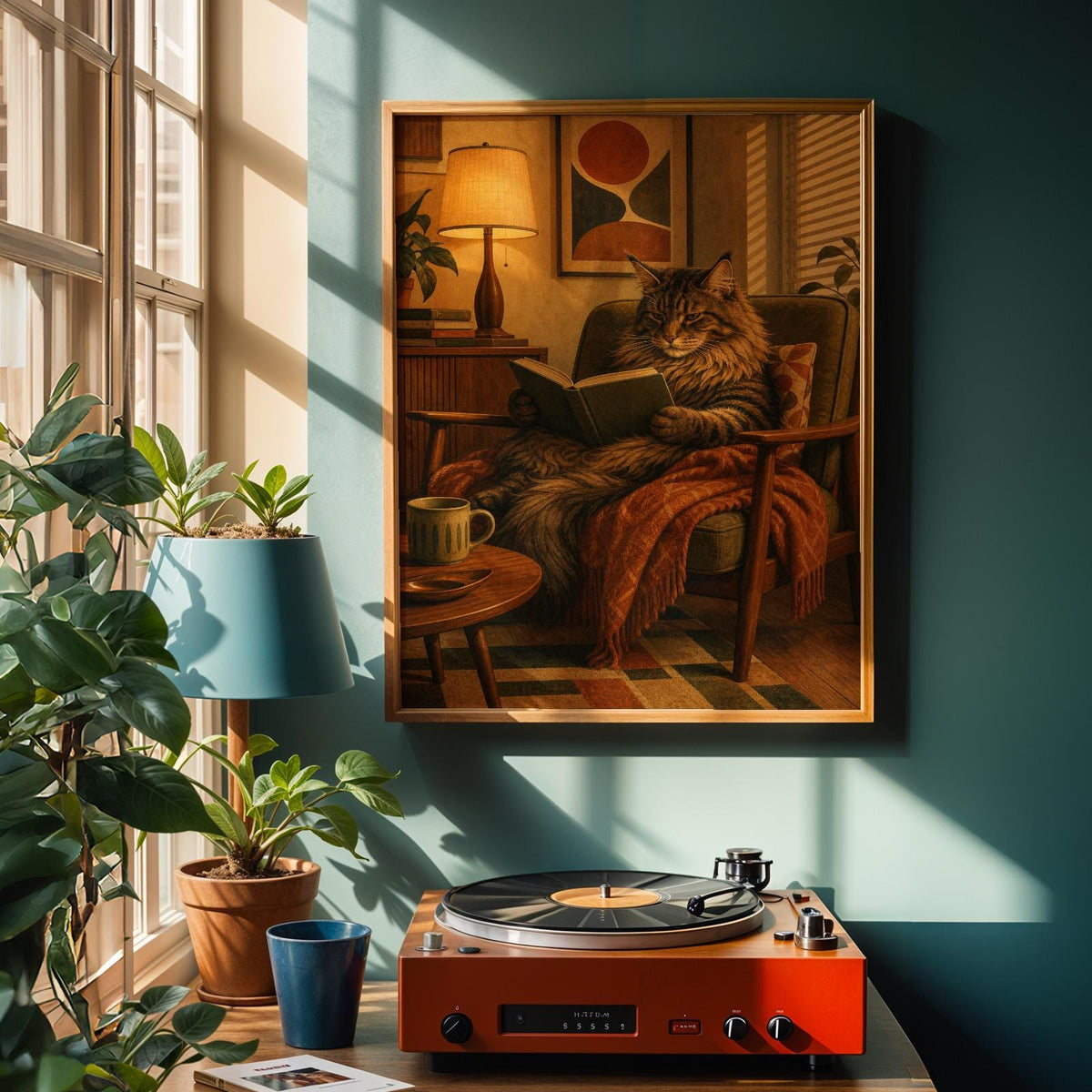 Alternate product view of Maine Coon Reading in Armchair Poster.