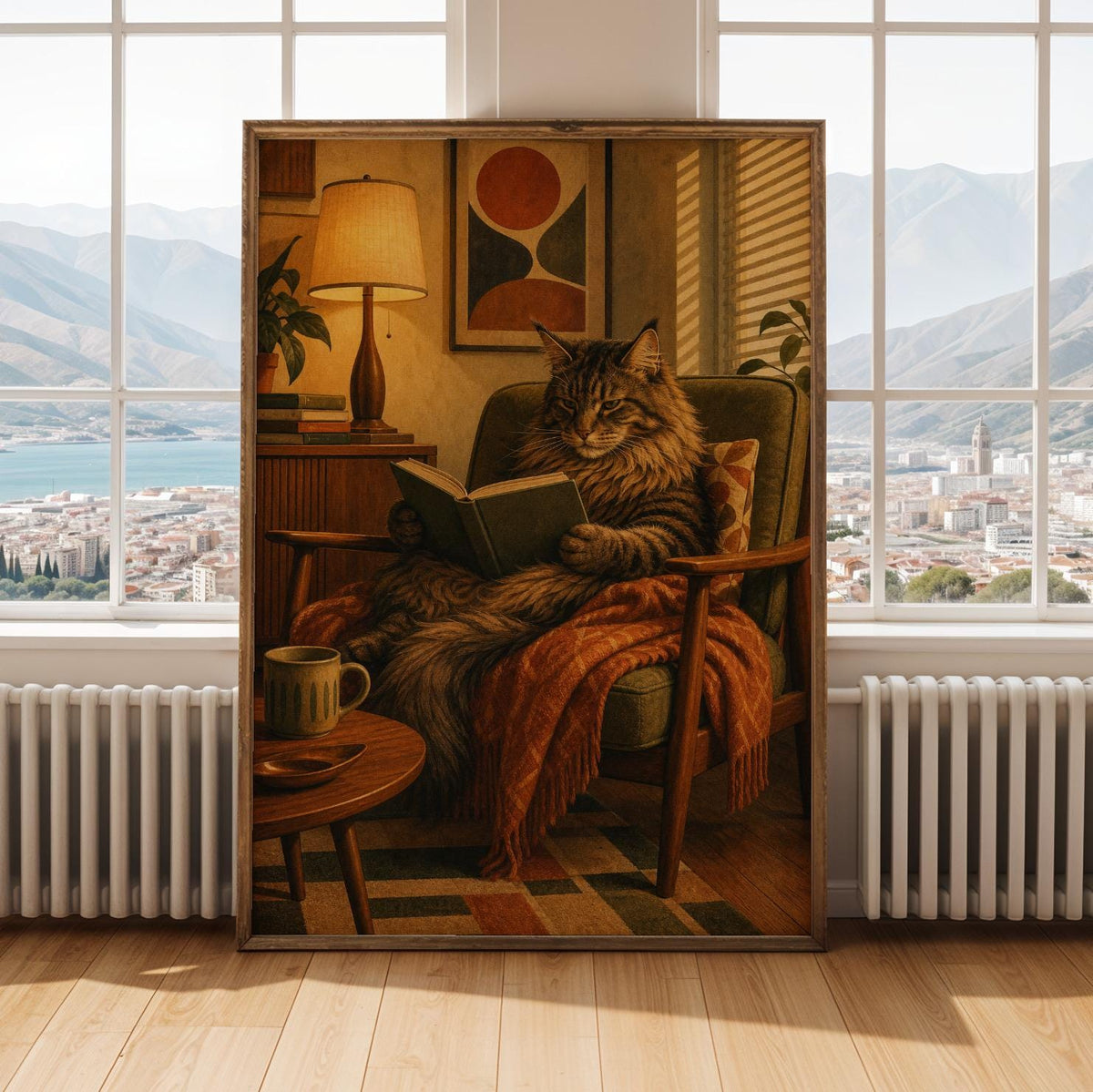 Alternate gallery view of Maine Coon Reading in Armchair Poster.