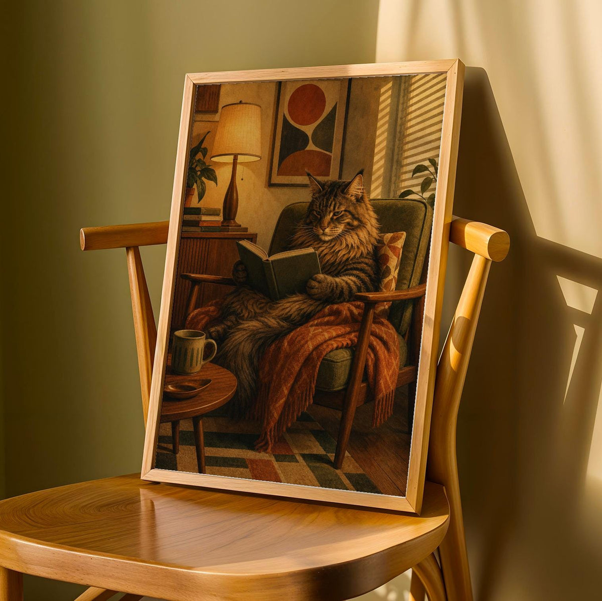 Product detail view of Maine Coon Reading in Armchair Poster.