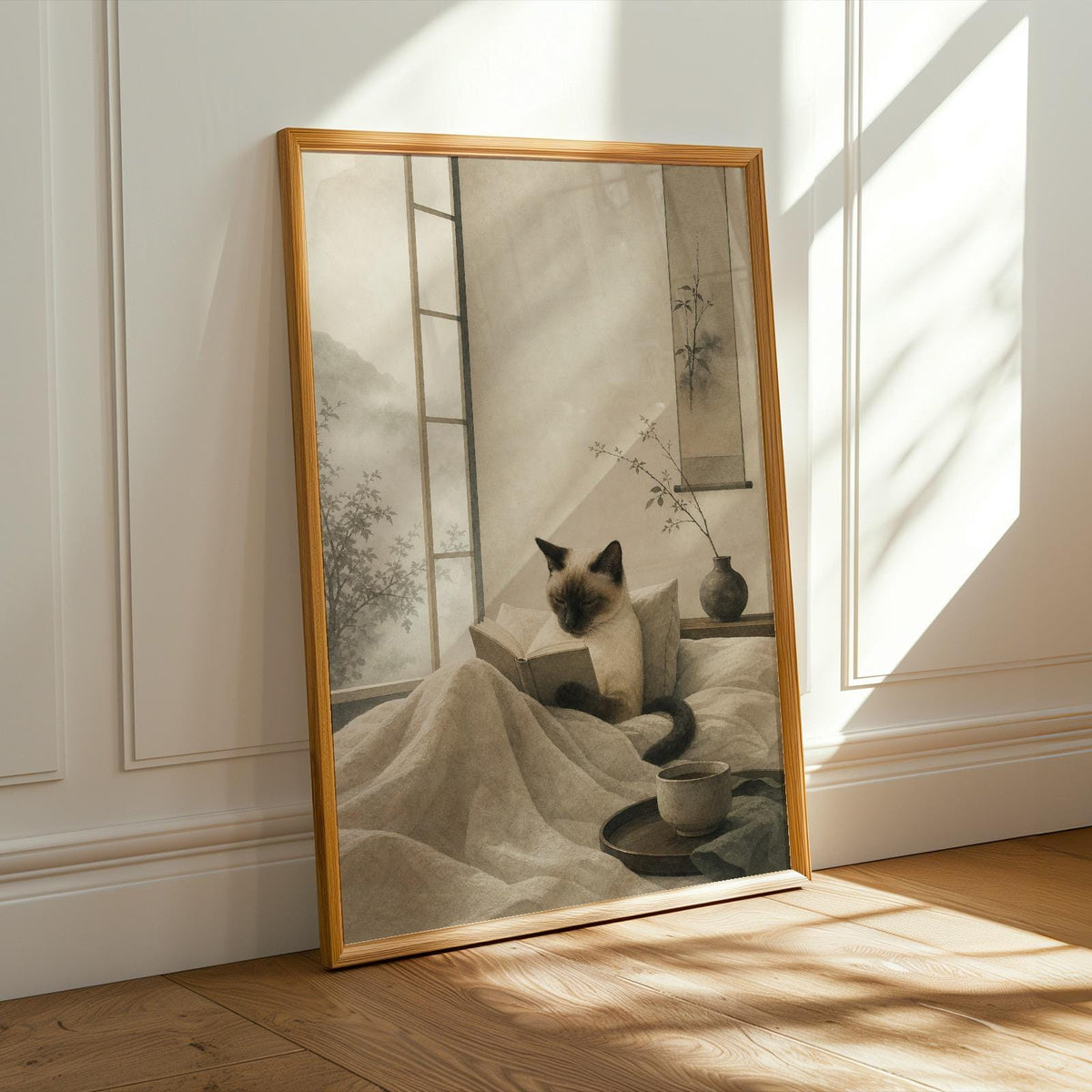 Alternate product presentation of Siamese Cat Reading in Bed Poster.
