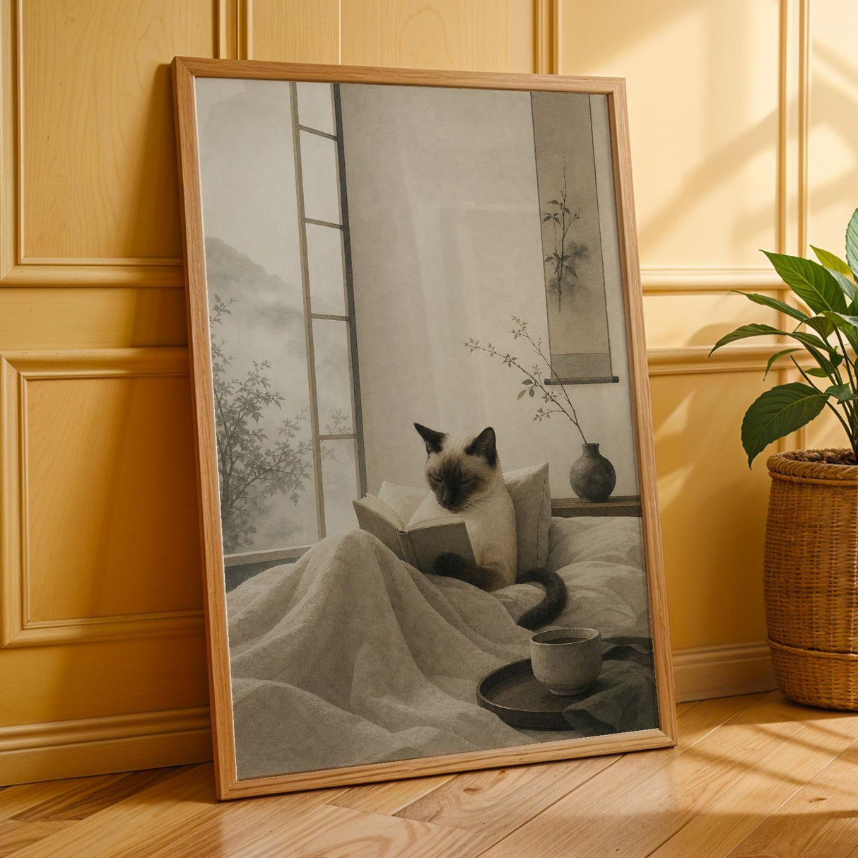 Additional product presentation of Siamese Cat Reading in Bed Poster.
