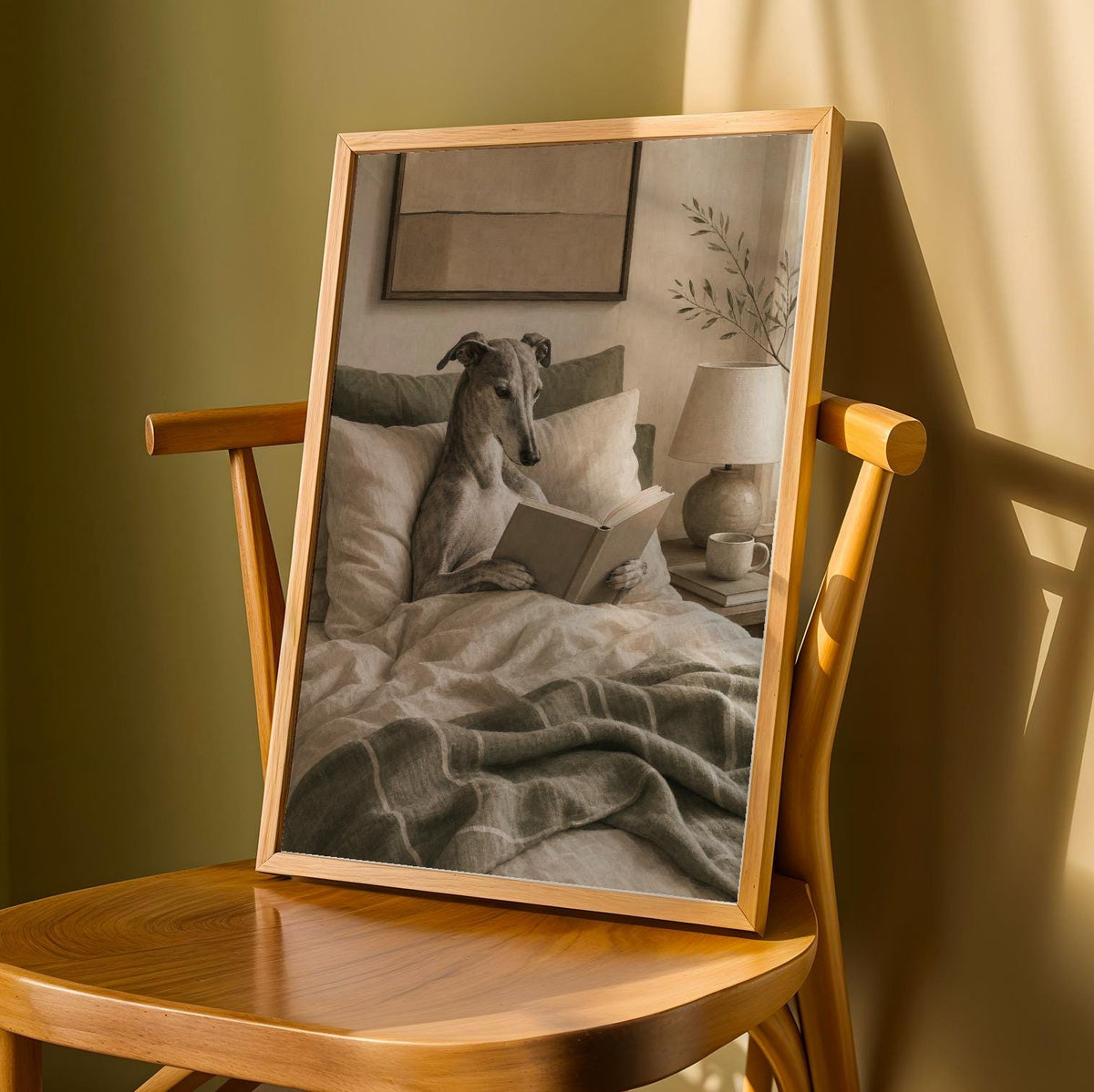 Alternate gallery view of Greyhound Dog Reading In Bed Art Print Poster.