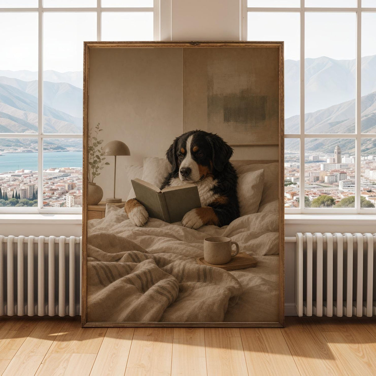 Alternate gallery view of Bernese Mountain Dog Reading in Bed Poster.