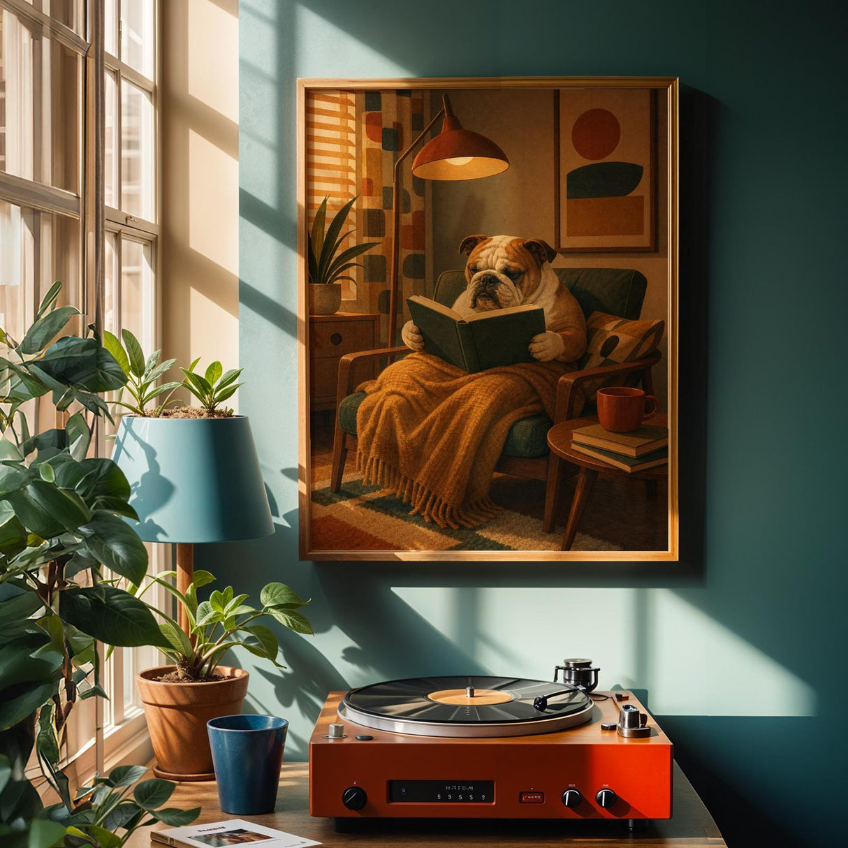 Product view of English Bulldog Reading a Book Poster.