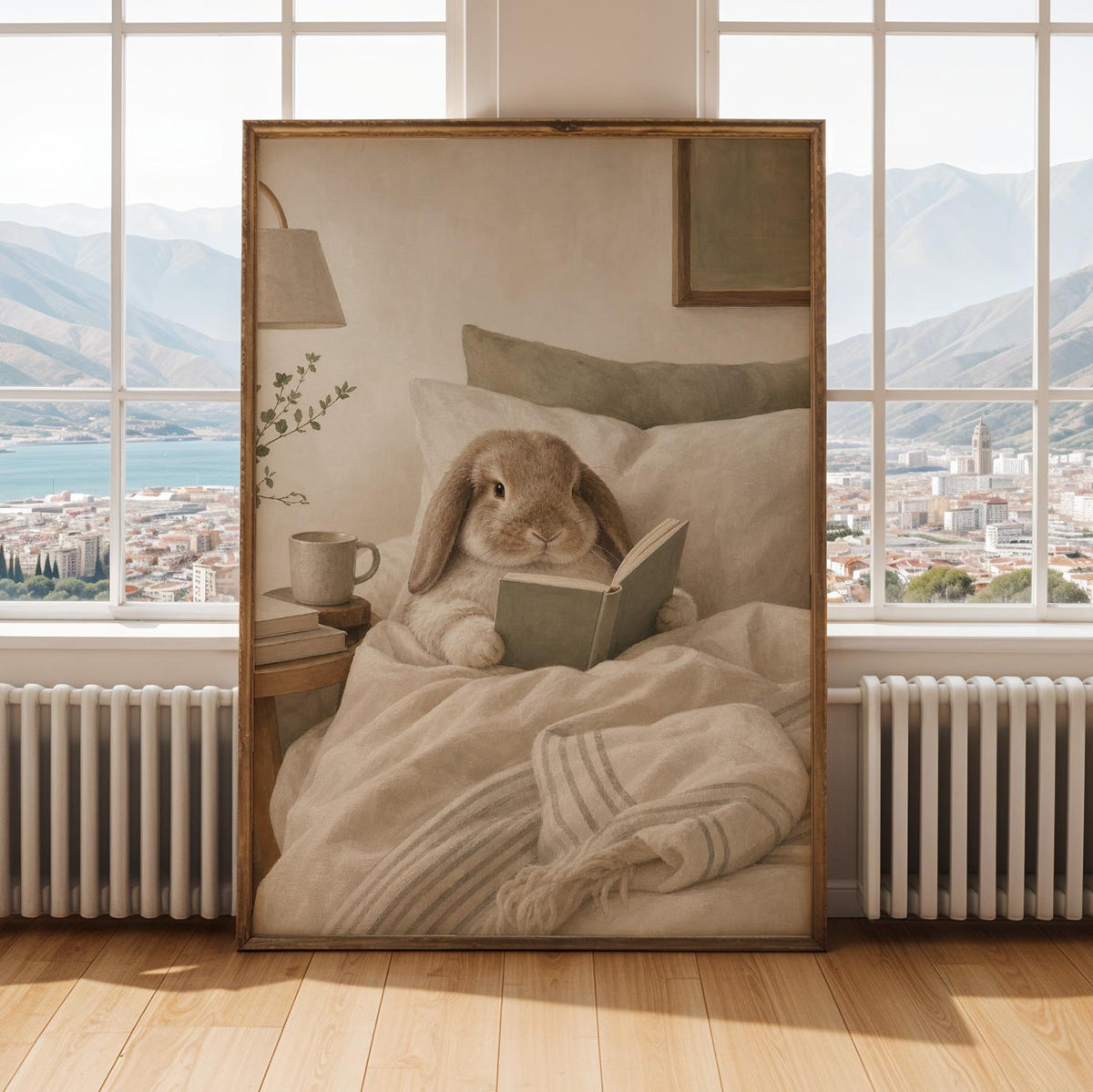 Alternate gallery view of Holland Lop Rabbit Reading in Bed Poster.