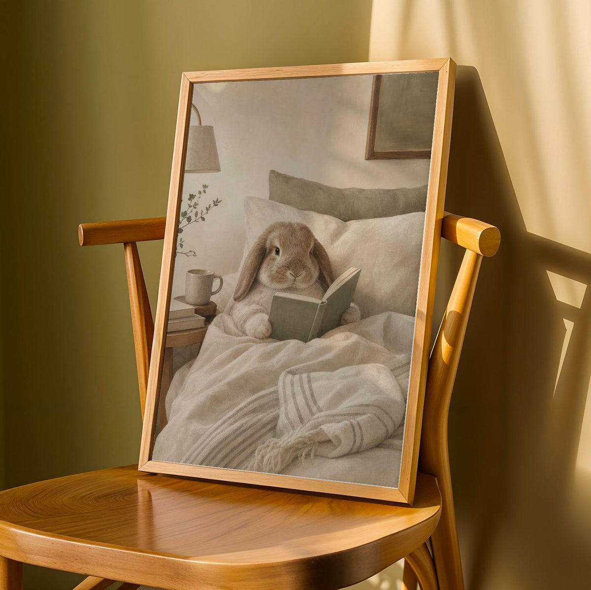 Product detail view of Holland Lop Rabbit Reading in Bed Poster.