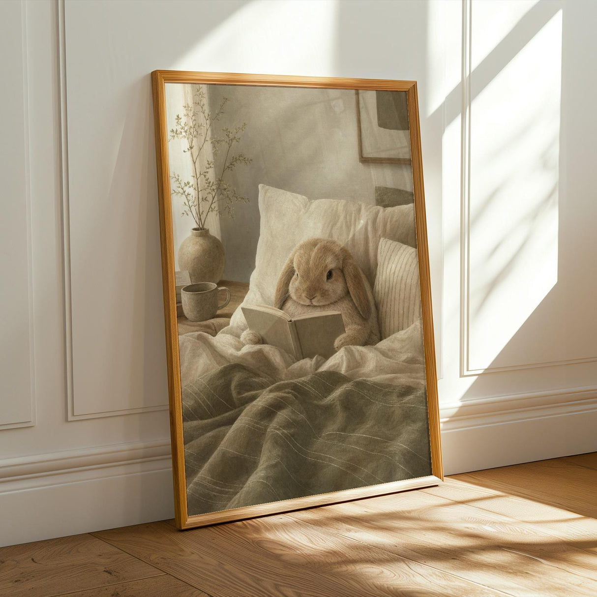 Alternate product presentation of Mini Lop Rabbit Reading in Bed Poster.