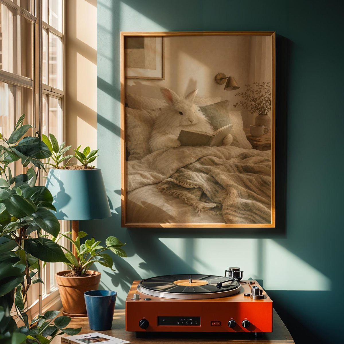 Alternate product view of Angora Rabbit Reading in Bed Poster.