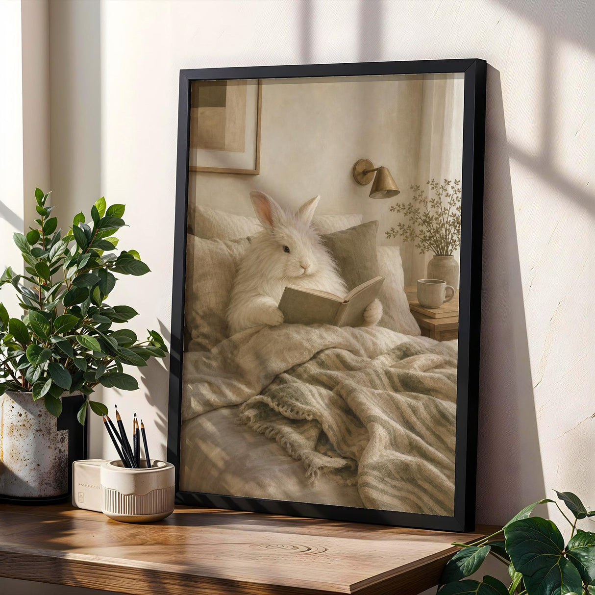 Product gallery view of Angora Rabbit Reading in Bed Poster.