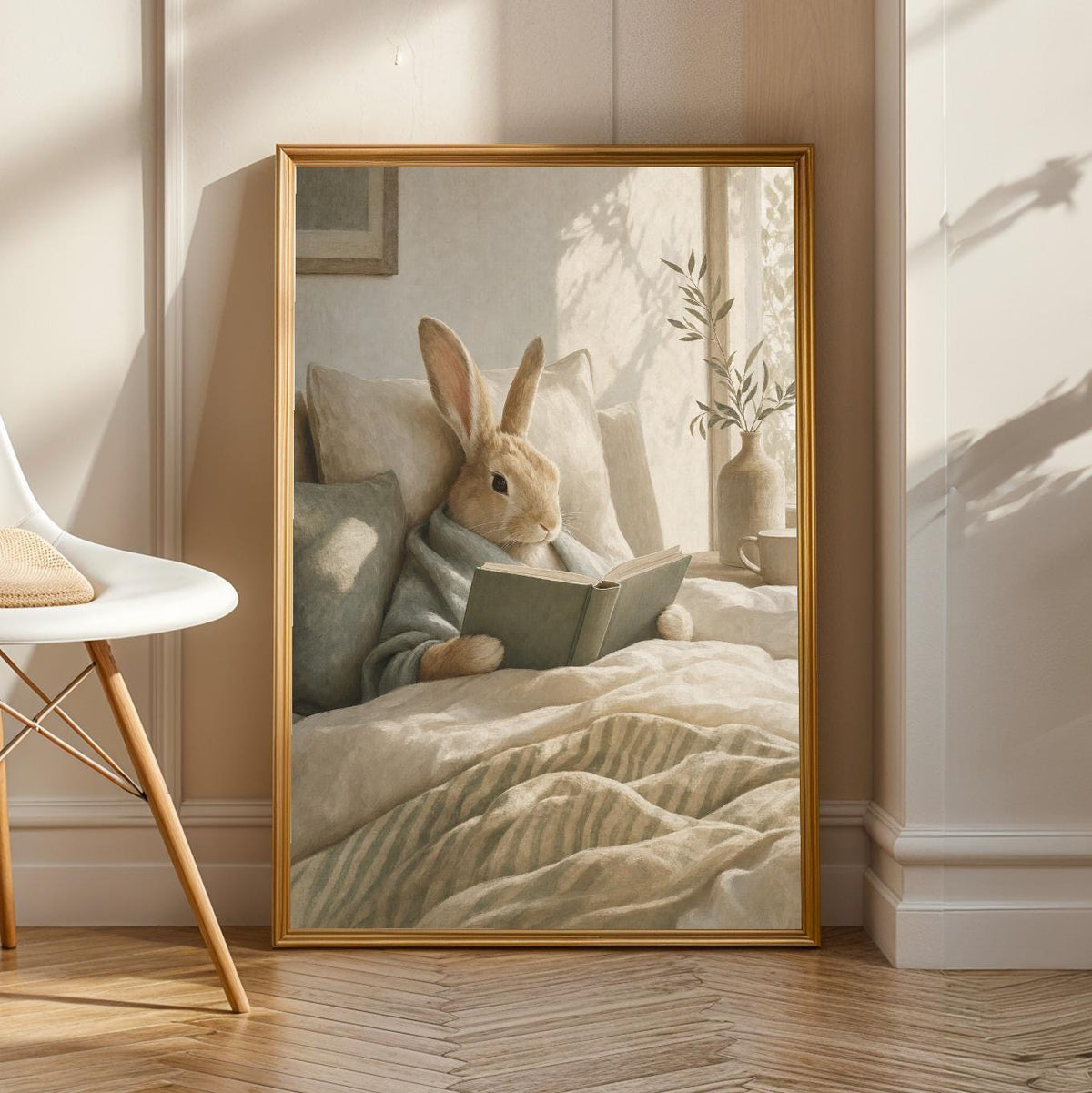 Product view of Satin Rabbit Reading in Bed Poster.