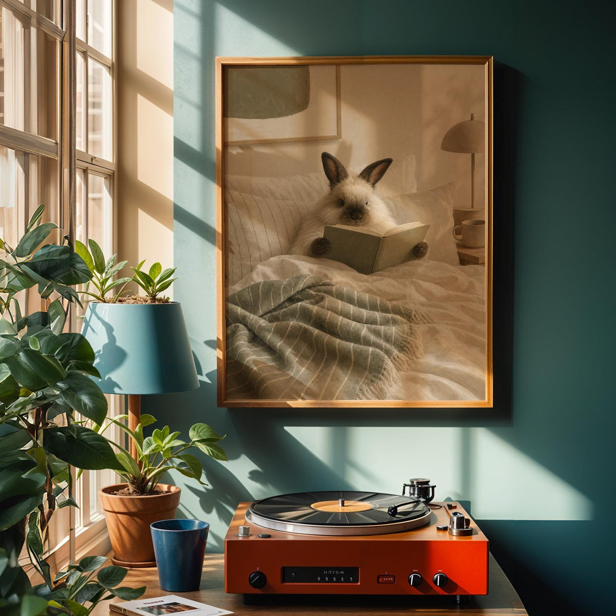 Alternate product view of Himalayan Rabbit Reading in Bed Poster.