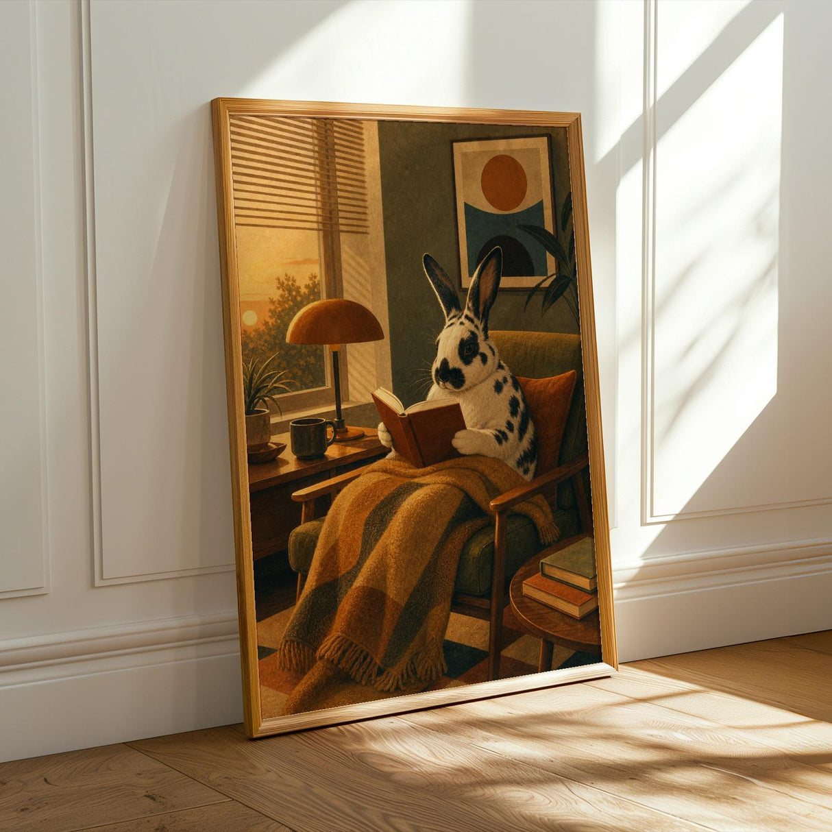 Product presentation view of Harlequin Rabbit Reading in Armchair Poster.