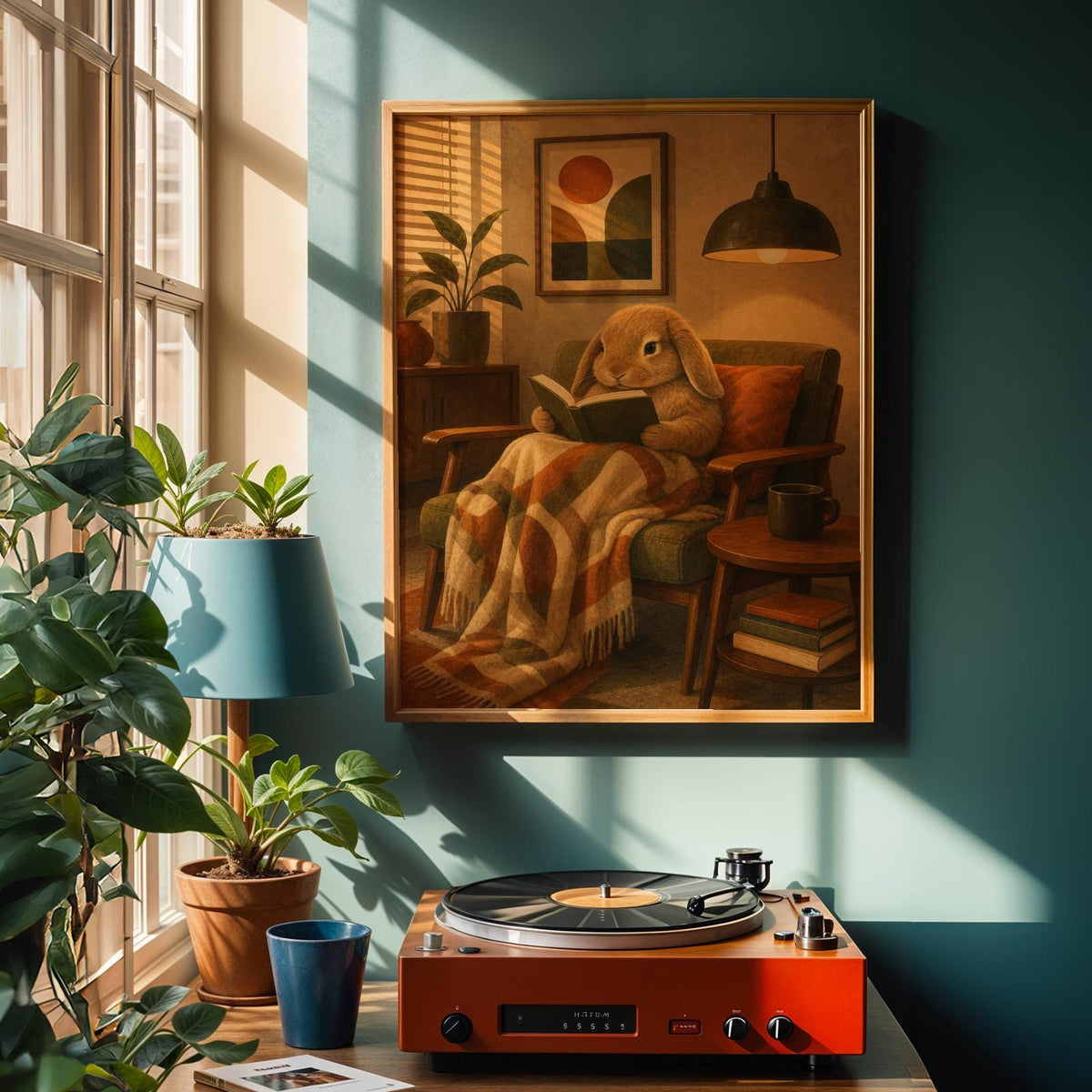 Alternate product view of Mini Lop Rabbit Reading in Armchair Poster.