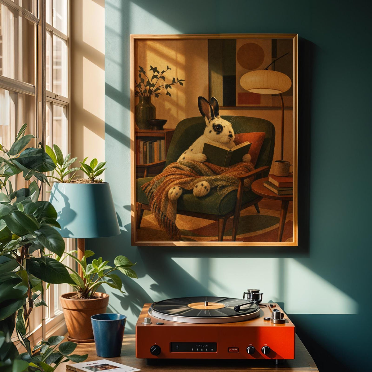 Alternate product view of English Spot Rabbit Reading in Armchair Poster.