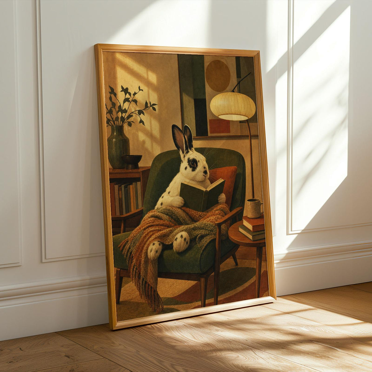 Alternate product presentation of English Spot Rabbit Reading in Armchair Poster.