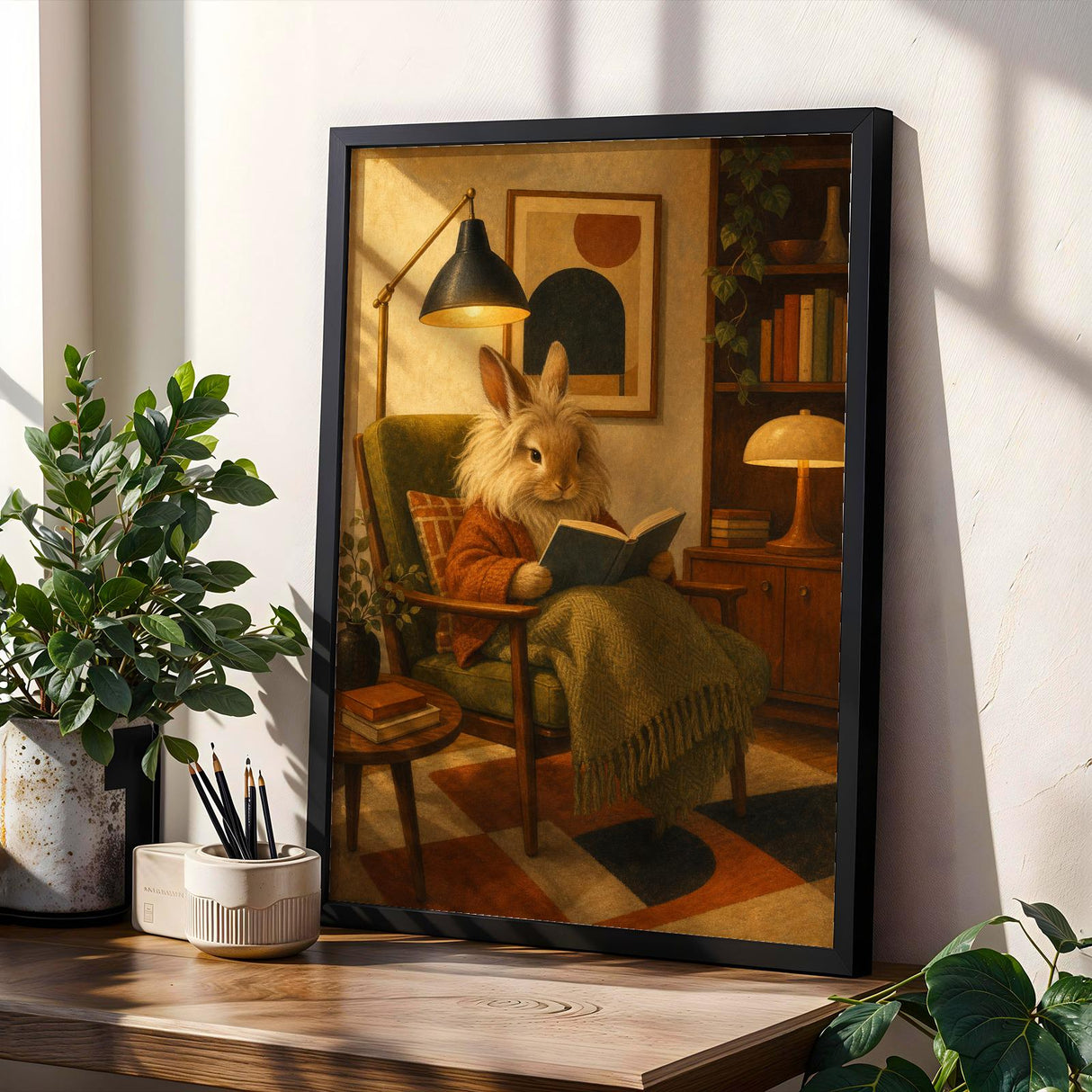 Product gallery view of Lionhead Rabbit Reading in Armchair Poster.