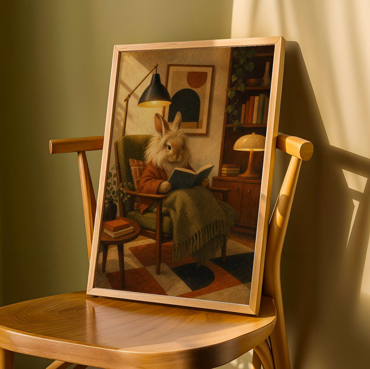 Product detail view of Lionhead Rabbit Reading in Armchair Poster.