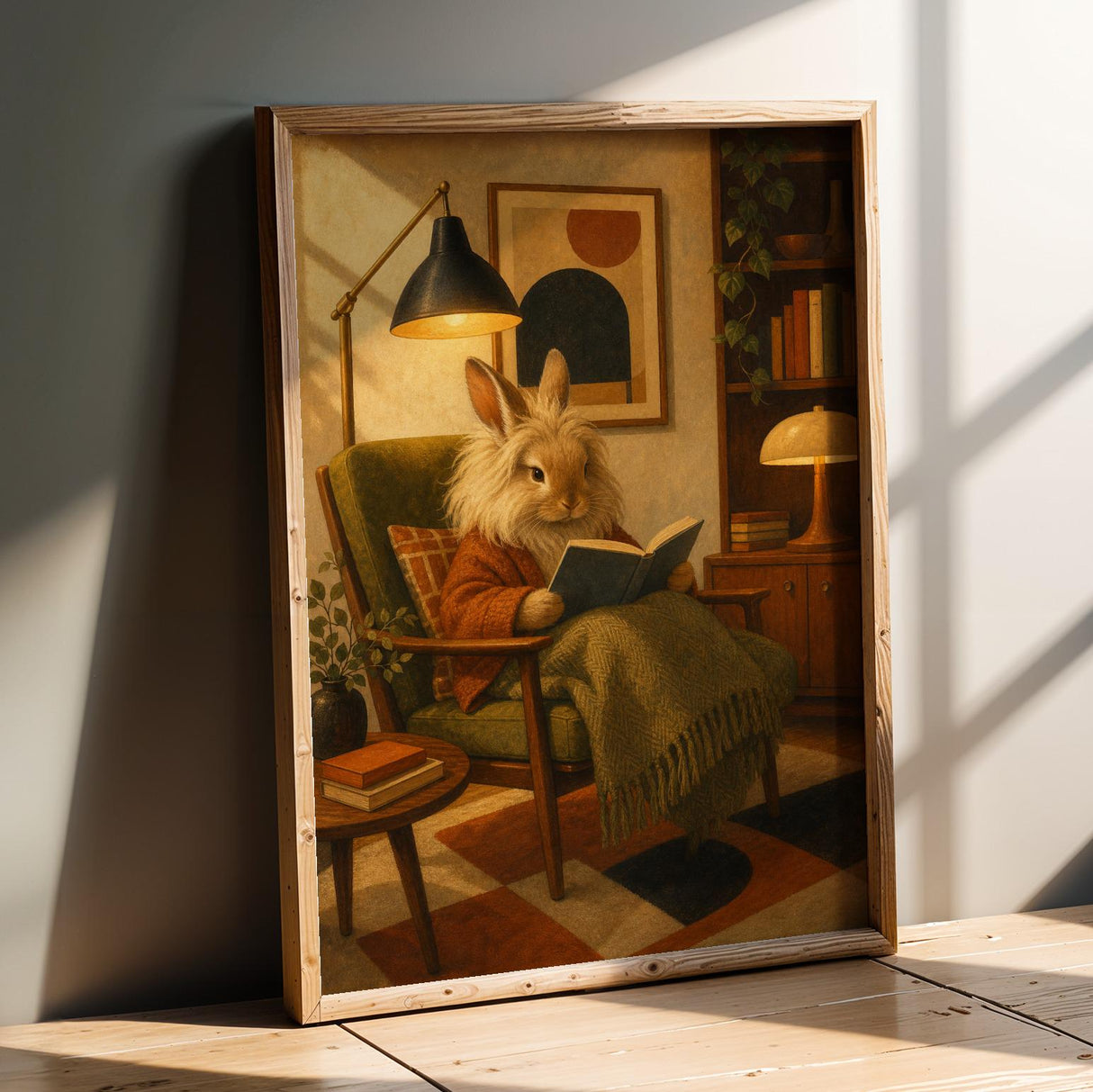 Product presentation view of Lionhead Rabbit Reading in Armchair Poster.