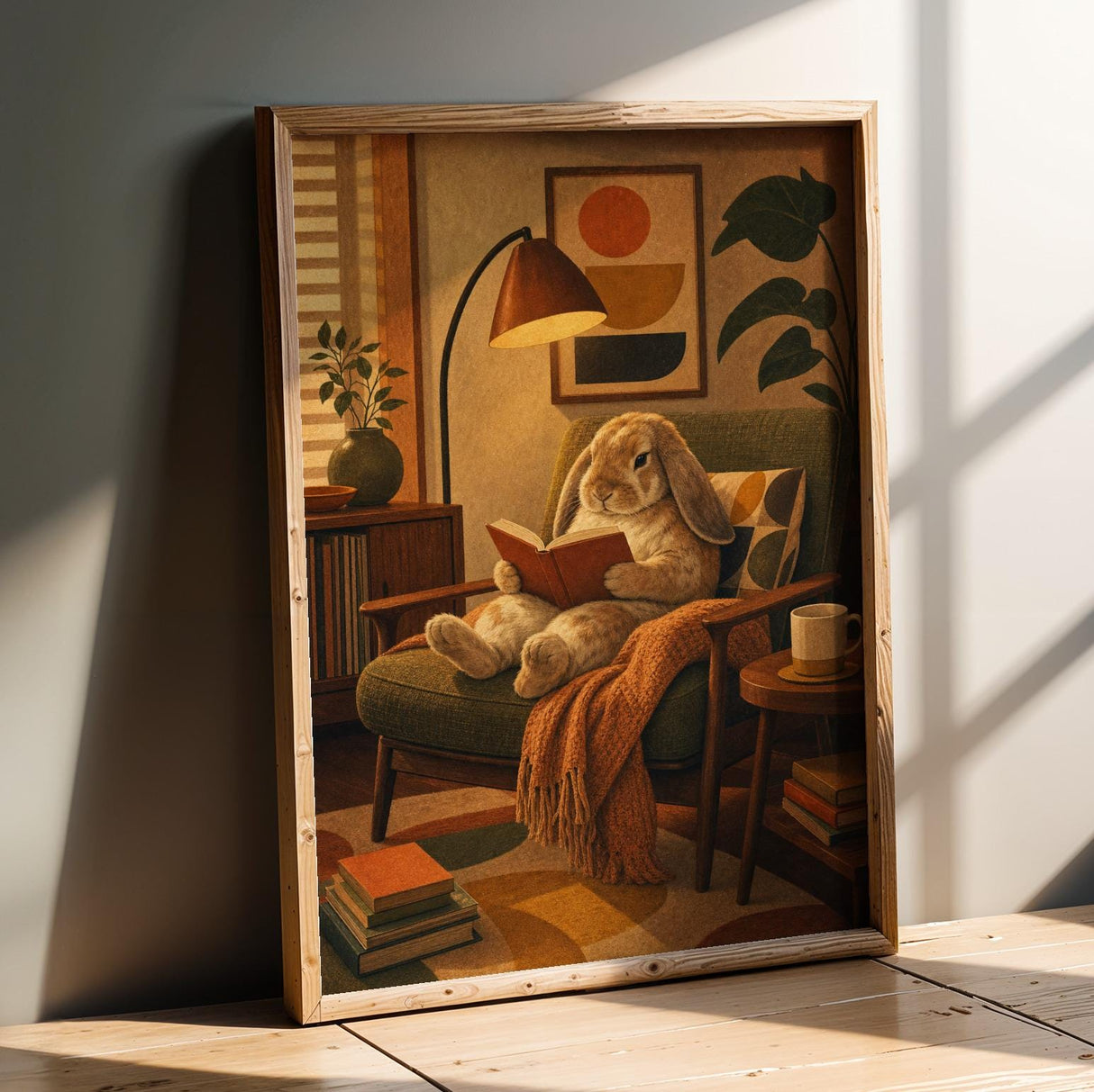 Product presentation view of French Lop Rabbit Reading in Armchair Poster.