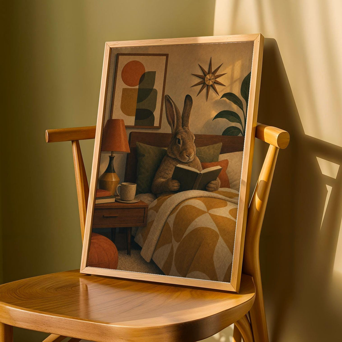 Product detail view of Flemish Giant Rabbit Reading in Bed Poster.