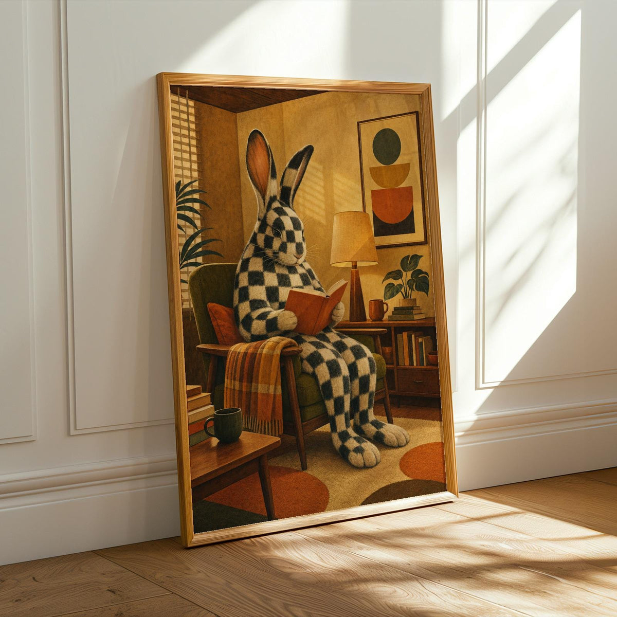 Alternate product presentation of Checkered Giant Rabbit Reading in Armchair Poster.