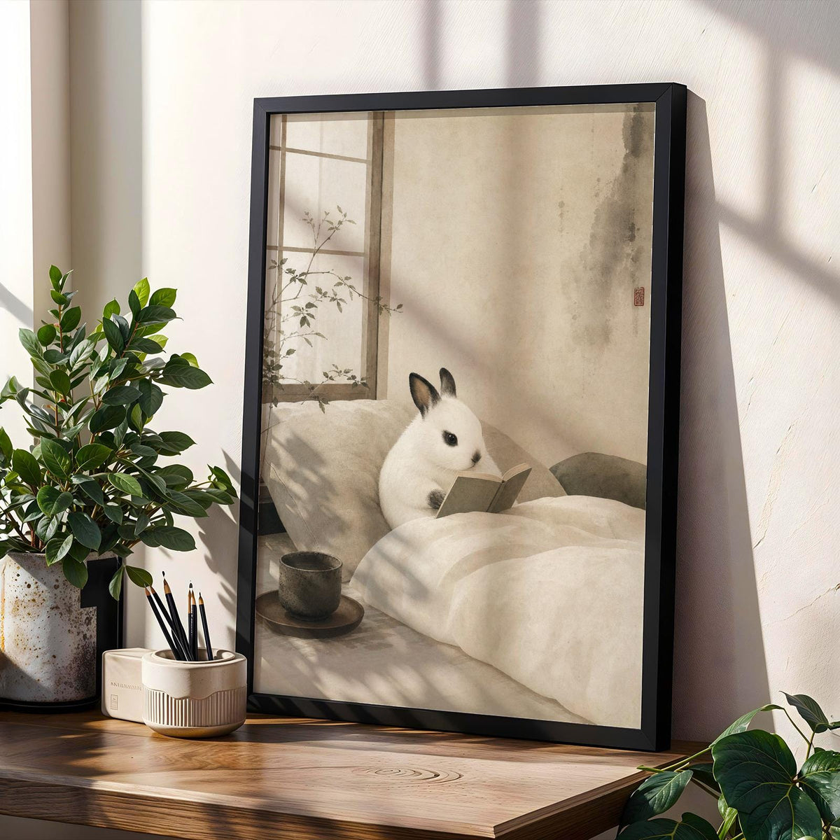 Product gallery view of Dwarf Hotot Rabbit Reading in Bed Poster.