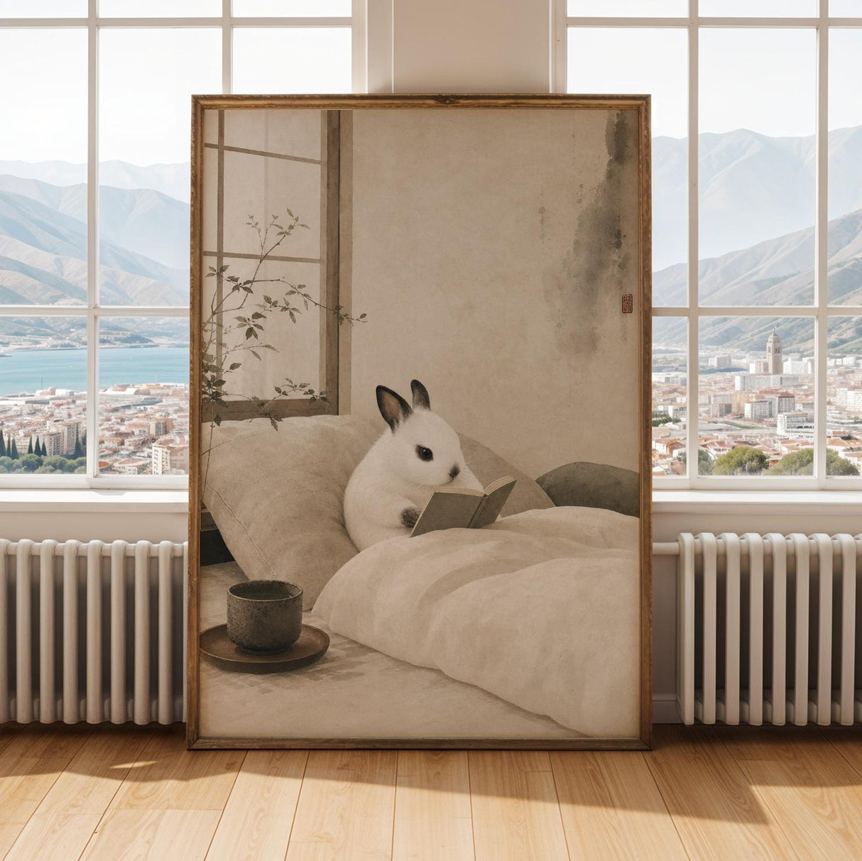 Alternate gallery view of Dwarf Hotot Rabbit Reading in Bed Poster.