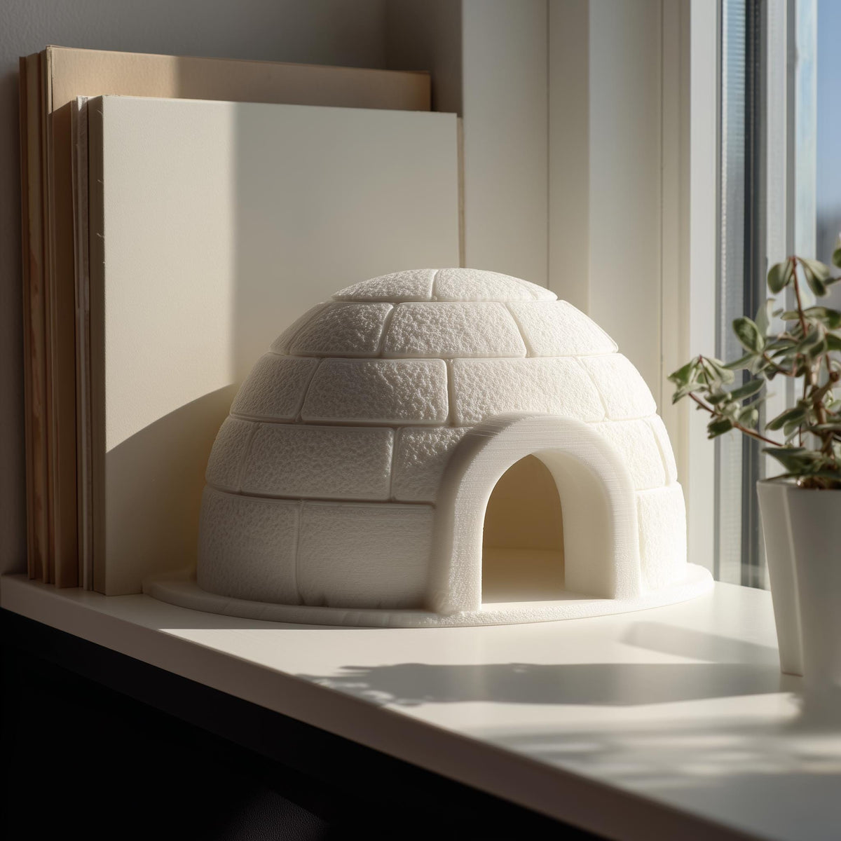 3D printed white igloo shelf decor with textured brick pattern displayed on a modern desk beside books and indoor plants.