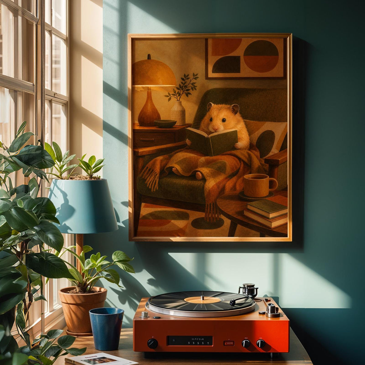 Alternate product view of Golden Syrian Hamster Reading in Armchair Poster.