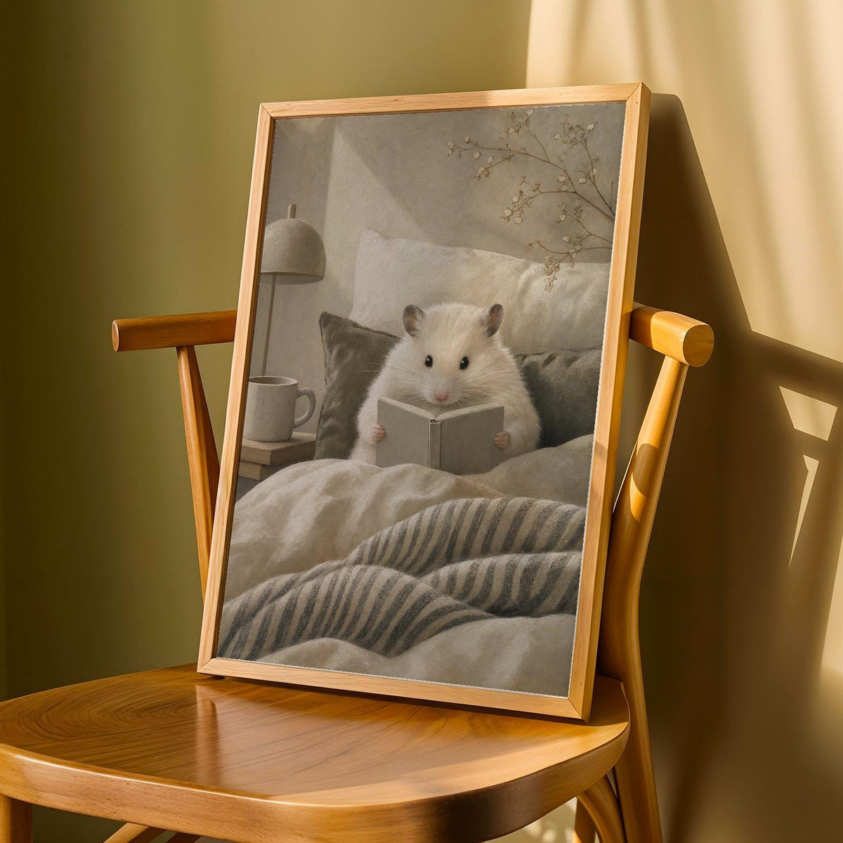 Product detail view of Winter White Hamster Reading in Bed Poster.